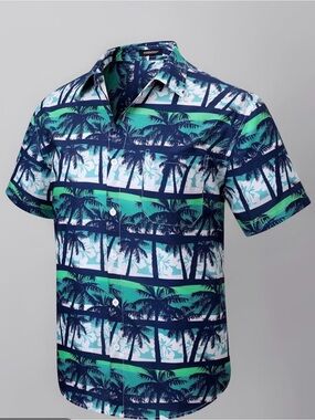 Resort Palm Print Short-Sleeve Button-Down Shirt - Blue/Teal